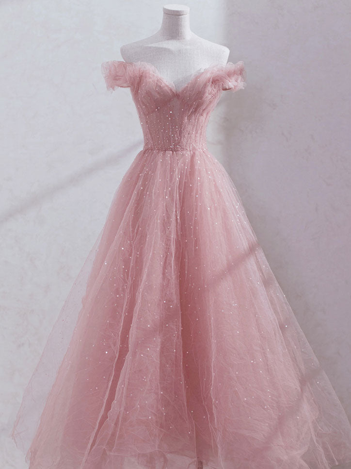 Pink off shoulder tulle sequin long prom dress, pink formal dress shdress Pink off shoulder tulle sequin long prom dress, pink formal dress shdress