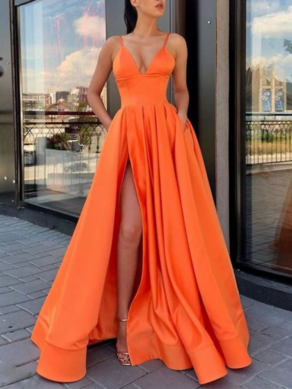 Simple v neck orange satin long prom dress, orange evening dress