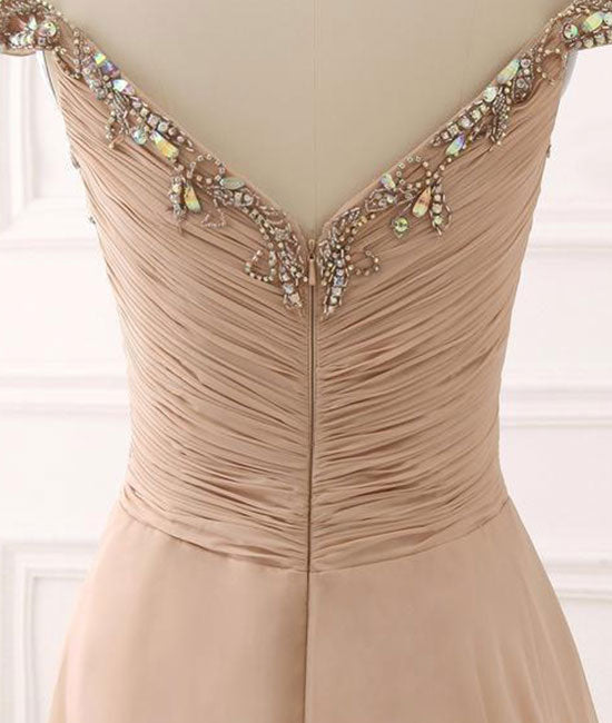 Champagne sweetheart chiffon beads long prom dress - shdress