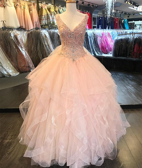 Pink v neck tulle sequin beads long prom dress, pink evening dress - shdress