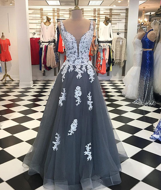 Gray tulle A-line lace long prom dress, gray bridesmaid dress - shdress