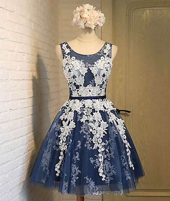 Cute round neck lace tulle dark blue short prom dress, bridesmaid dress shdress Cute round neck lace tulle dark blue short prom dress, bridesmaid dress shdress