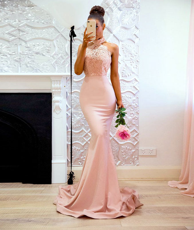 
                  
                    Pink lace mermaid long prom dress, pink bridesmaid dress - shdress
                  
                