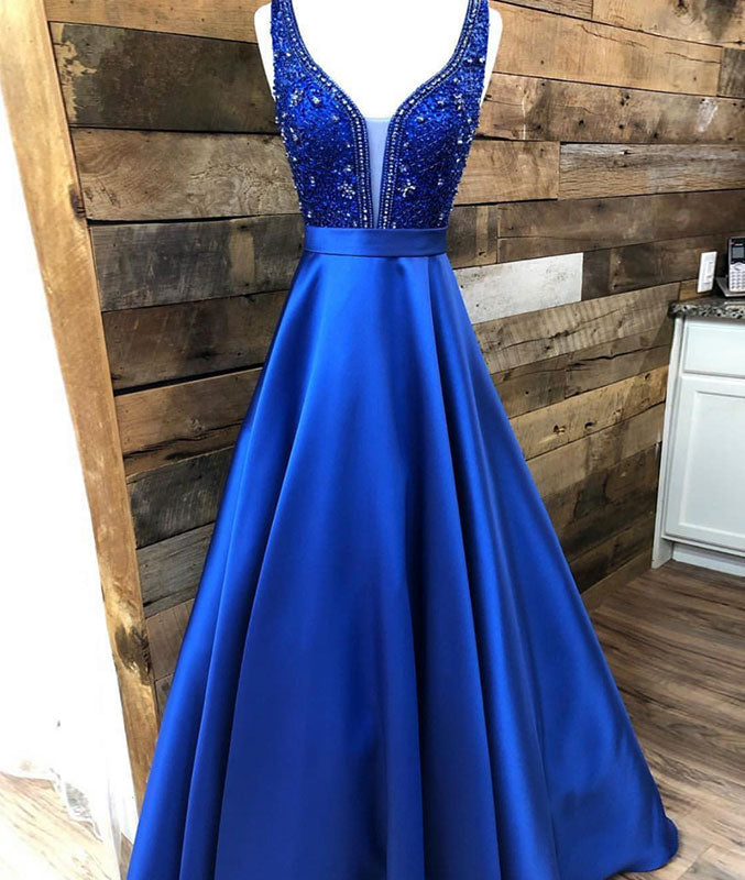 
                  
                    Blue v neck beads satin long prom dress, blue evening dress
                  
                
