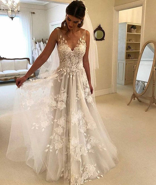 White v neck tulle lace applique long prom dress, white evening dress - shdress