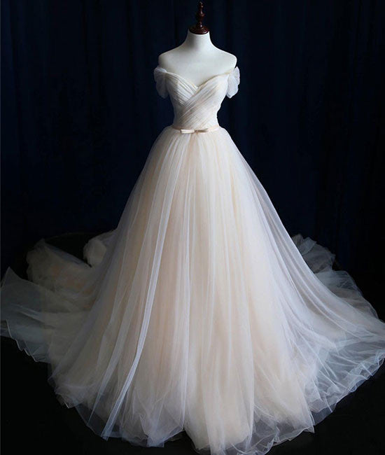 Simple light champagne tulle long prom dress, champagne tulle wedding dress - shdress