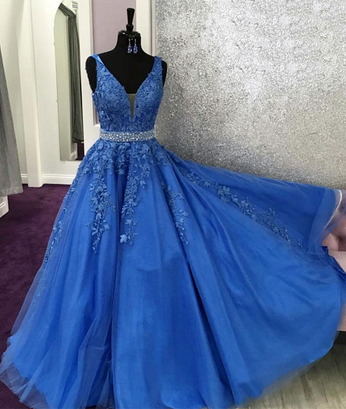 Blue lace tulle long prom dress, blue tulle lace evening dress – shdress