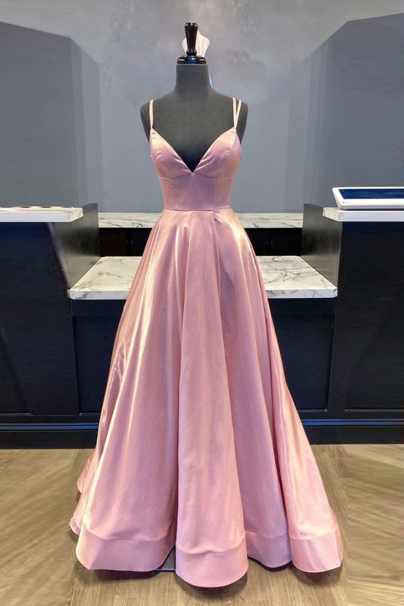 Simple v neck pink satin long prom dress pink formal dress shdress Simple v neck pink satin long prom dress pink formal dress shdress