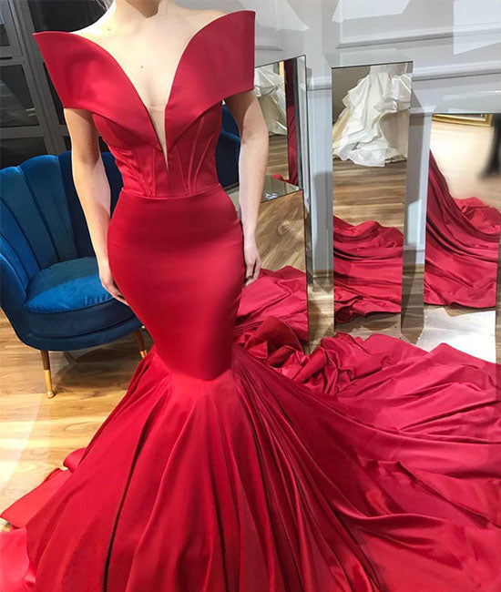Unique red satin mermaid long prom dress, evening dress - shdress