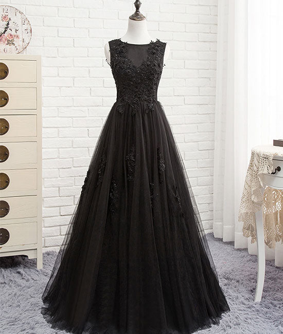 Black round neck tulle lace long prom dress, black evening dress - shdress