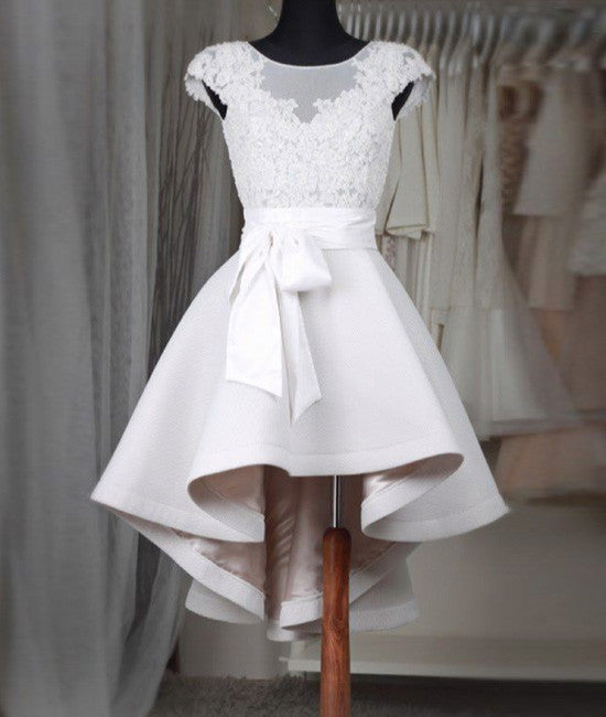 White round neck lace short prom dress, lace dress - shdress