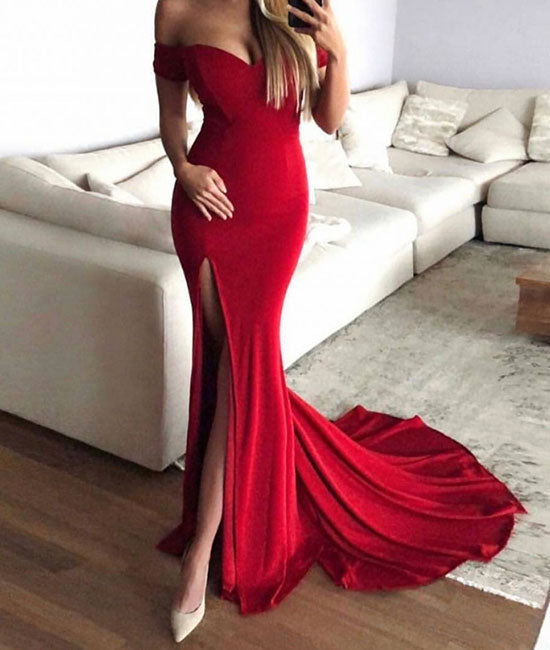 Simple sweetheart neck mermaid long prom dress, red evening dress - shdress
