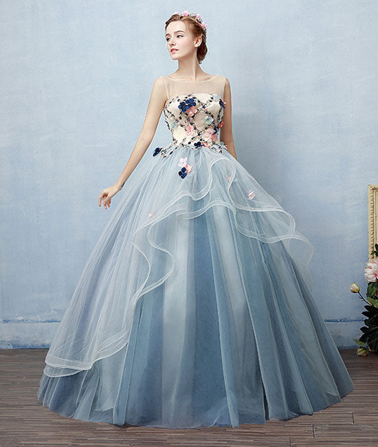 
                  
                    Unique round neck tulle applique long prom dress, blue evening dress - shdress
                  
                