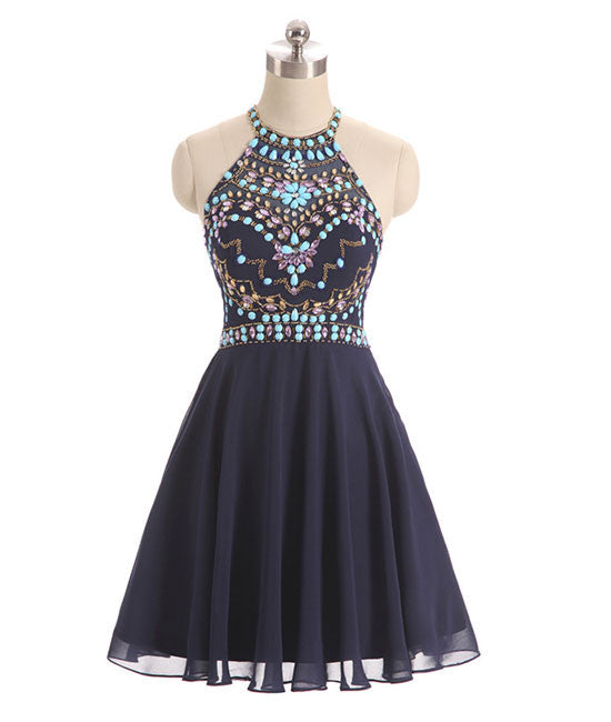 
                  
                    Dark blue beads short prom dress, cute dark blue homecoming dress - shdress
                  
                