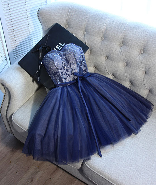 Blue sweetheart tulle lace short prom dress, homecoming dress - shdress