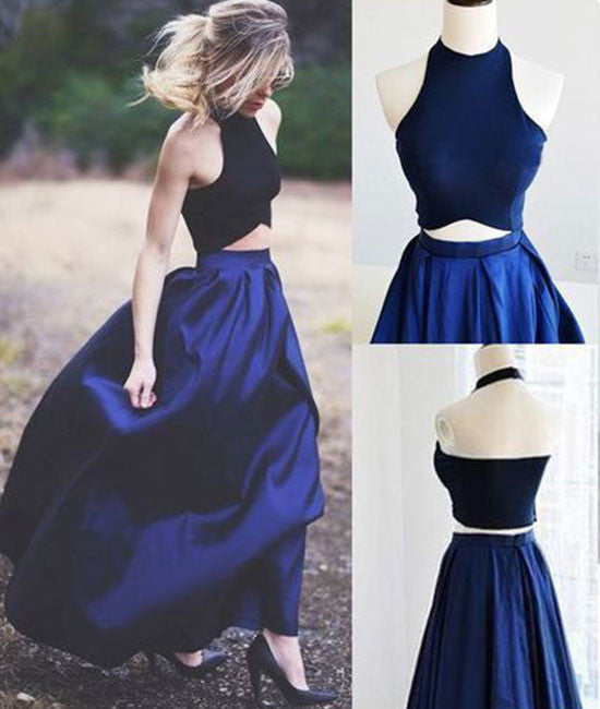 Simple dark blue two pieces long prom dress, evening dress - shdress