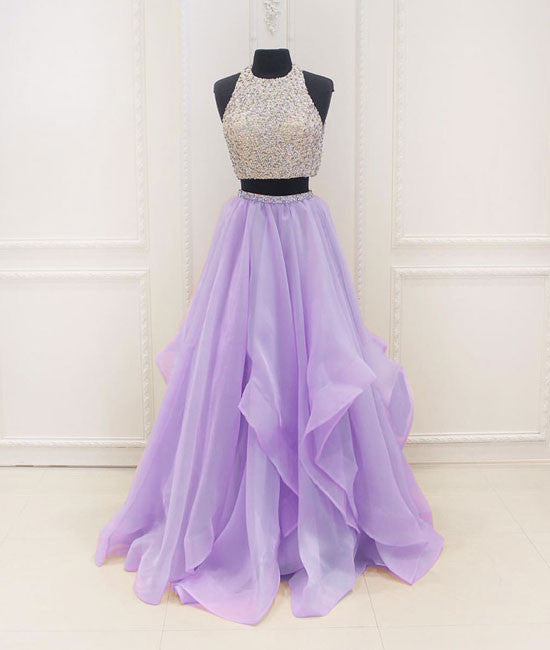 unique two pieces sequin purple long prom dress, purple evening dress - shdress