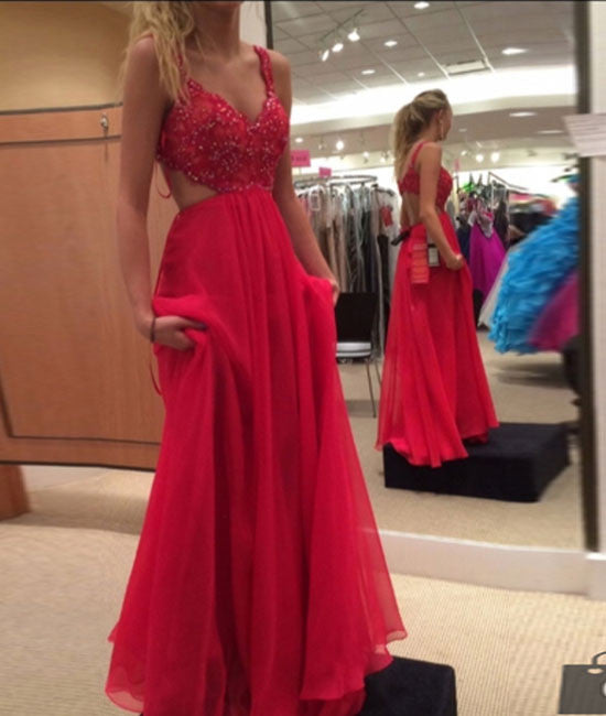 Red A-line chiffon lace long prom dress, red evening dress - shdress