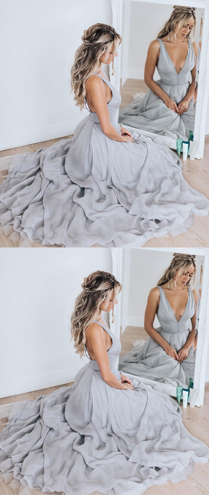 
                  
                    Simple v neck gray chiffon long prom dress, gray evening dress - shdress
                  
                
