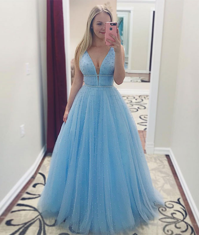 Blue tulle long prom dress, blue beads tulle long prom dress - shdress