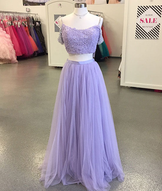 Purple tulle two pieces lace long prom dress, purple evening dress - shdress