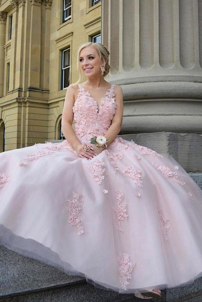 
                  
                    Pink tulle lace long prom dress, pink tulle sweet 16 dress
                  
                