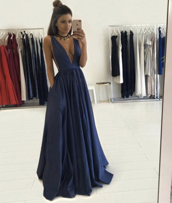 
                  
                    Simple v neck dark blue long prom dress, evening dress - shdress
                  
                