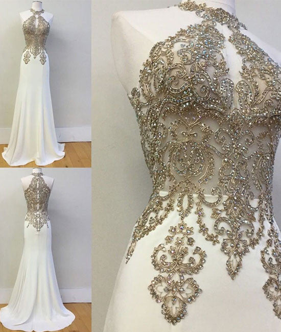 White high neck lace applique long prom dress, evening dress - shdress