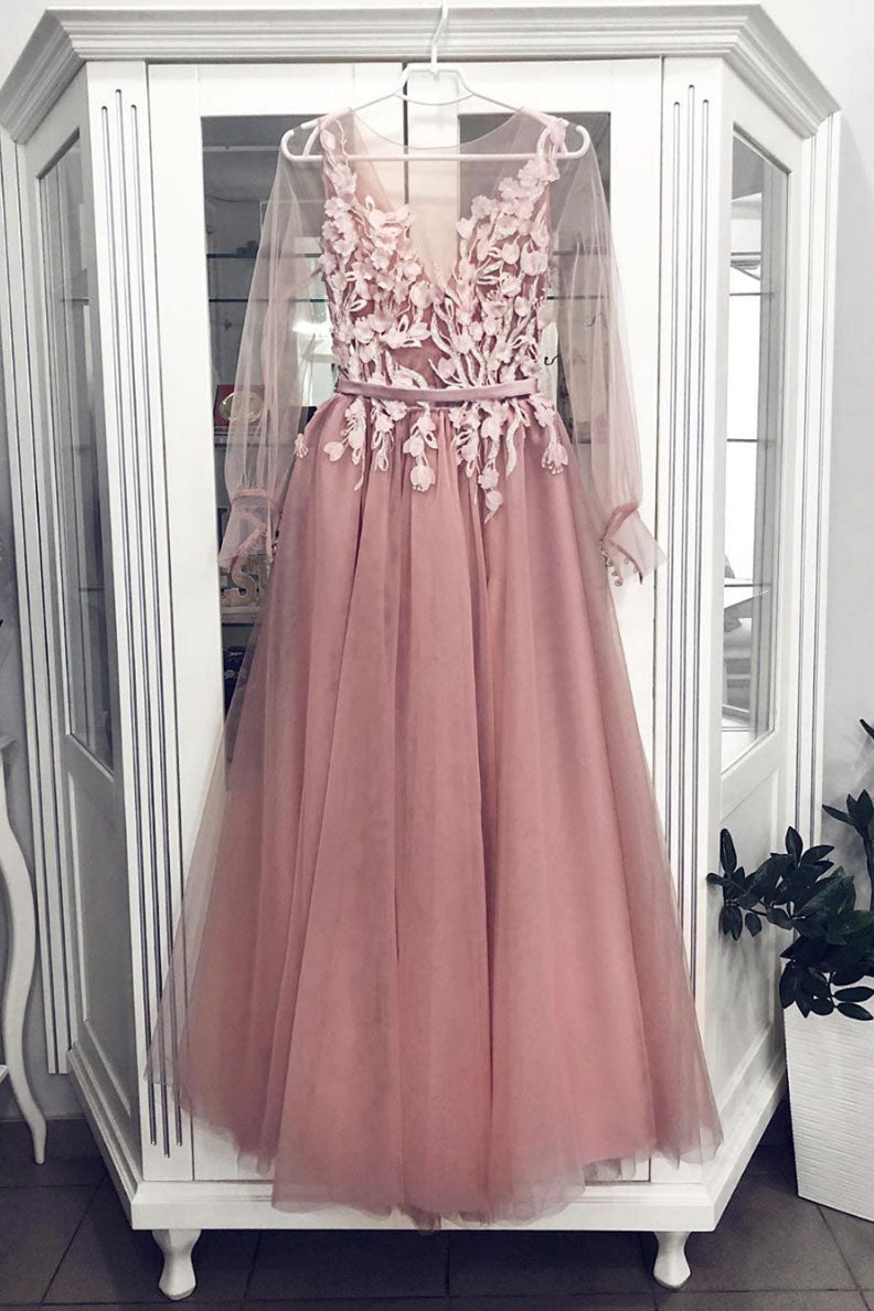 Pink tulle lace long prom dress, pink tulle formal dress