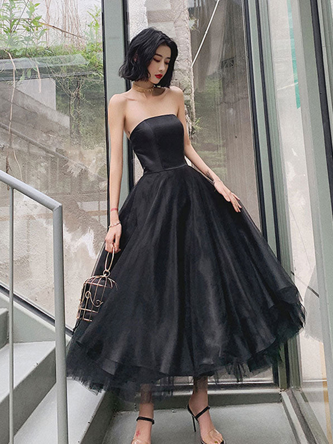 
                  
                    Simple black tulle tea length prom dress, black evening dress
                  
                