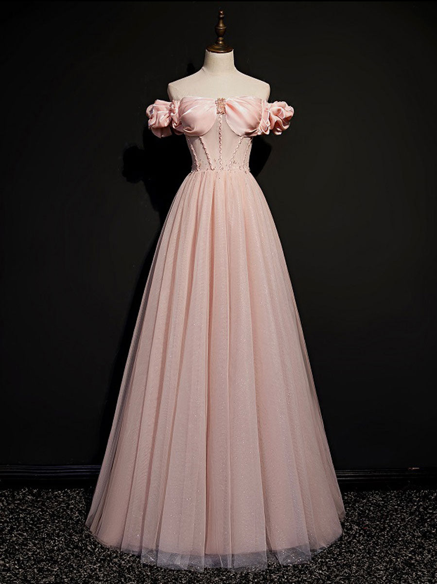 Pink tulle off shoulder long prom dress, pink tulle formal dress shdress Pink tulle off shoulder long prom dress, pink tulle formal dress shdress