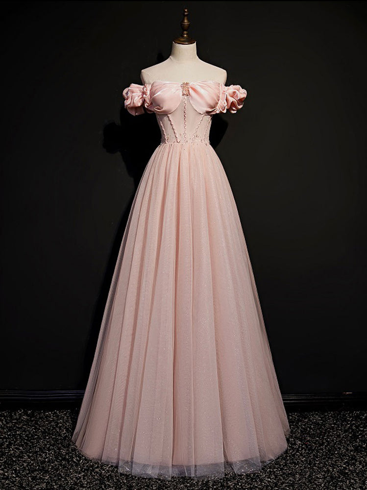 
                  
                    Pink tulle off shoulder long prom dress, pink tulle formal dress
                  
                