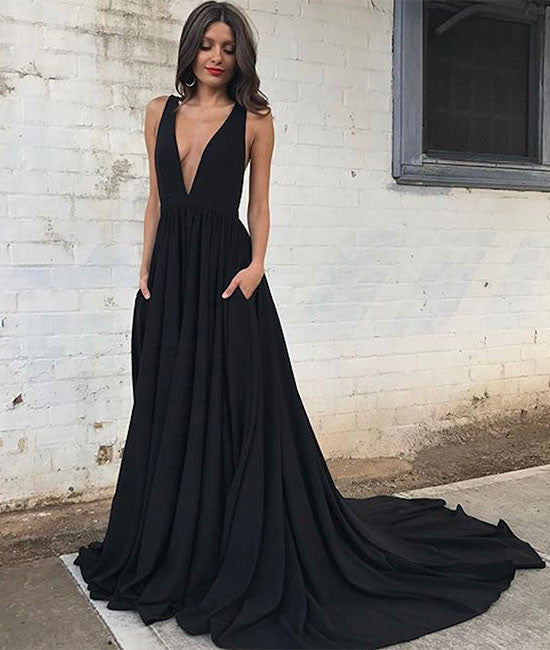 Black v neck chiffon long prom dress, black evening dress - shdress