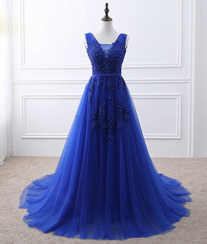 Blue v neck tulle lace long prom dress, blue evening dress shdress Blue v neck tulle lace long prom dress, blue evening dress shdress