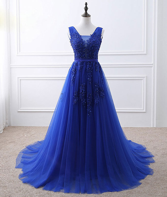 
                  
                    Blue v neck tulle lace long prom dress, blue evening dress - shdress
                  
                