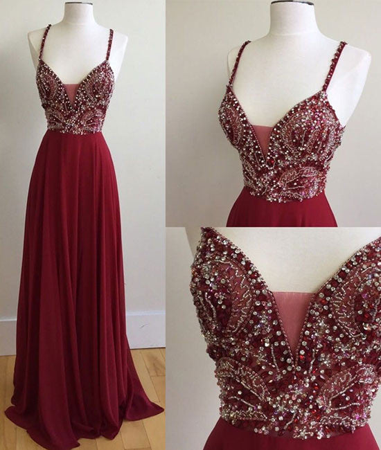 Unique sequin beads burgundy long prom dress, formal dress - shdress
