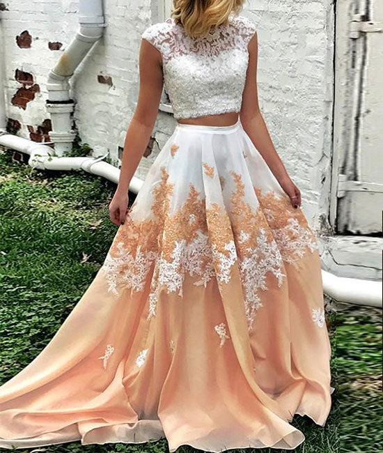 Unique two pieces long prom dress, lace long prom dress - shdress
