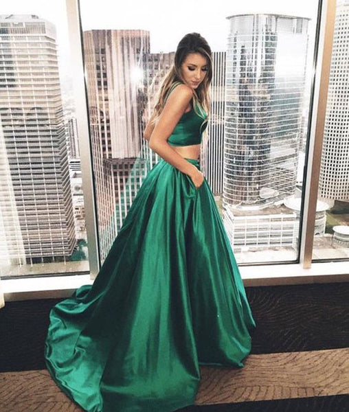 Green satin two pieces long prom dress, green evening dress  shdress