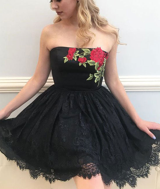 Black tulle lace short prom dress, black homecoming dress - shdress