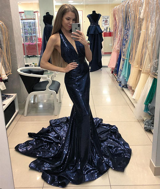 Black mermaid long prom dress, black mermaid long evening dress - shdress