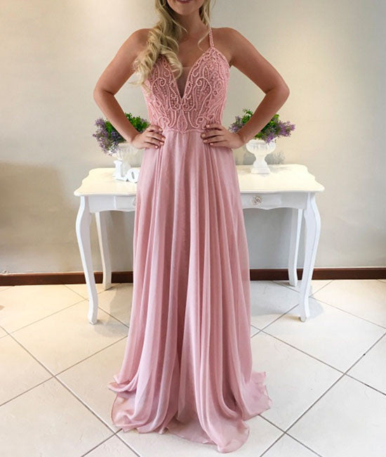 Pink A-line sweetheart neck chiffon long prom dress,formal dress - shdress