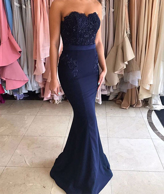 
                  
                    Dark blue lace mermaid long prom dress, bridesmaid dress - shdress
                  
                