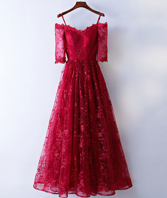 Burgundy sweetheart lace long prom dress, burgundy evening dress - shdress