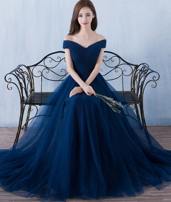 Simple A-line dark blue tulle long prom for teens, blue bridesmaid dre shdress Simple A-line dark blue tulle long prom for teens, blue bridesmaid dre shdress