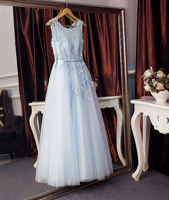 
                  
                    Light blue round neck lace tulle long prom dress blue evening dress - shdress
                  
                