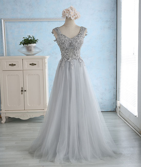 Gray sweetheart lace tulle long prom dress, gray bridesmaid dress shdress Gray sweetheart lace tulle long prom dress, gray bridesmaid dress shdress