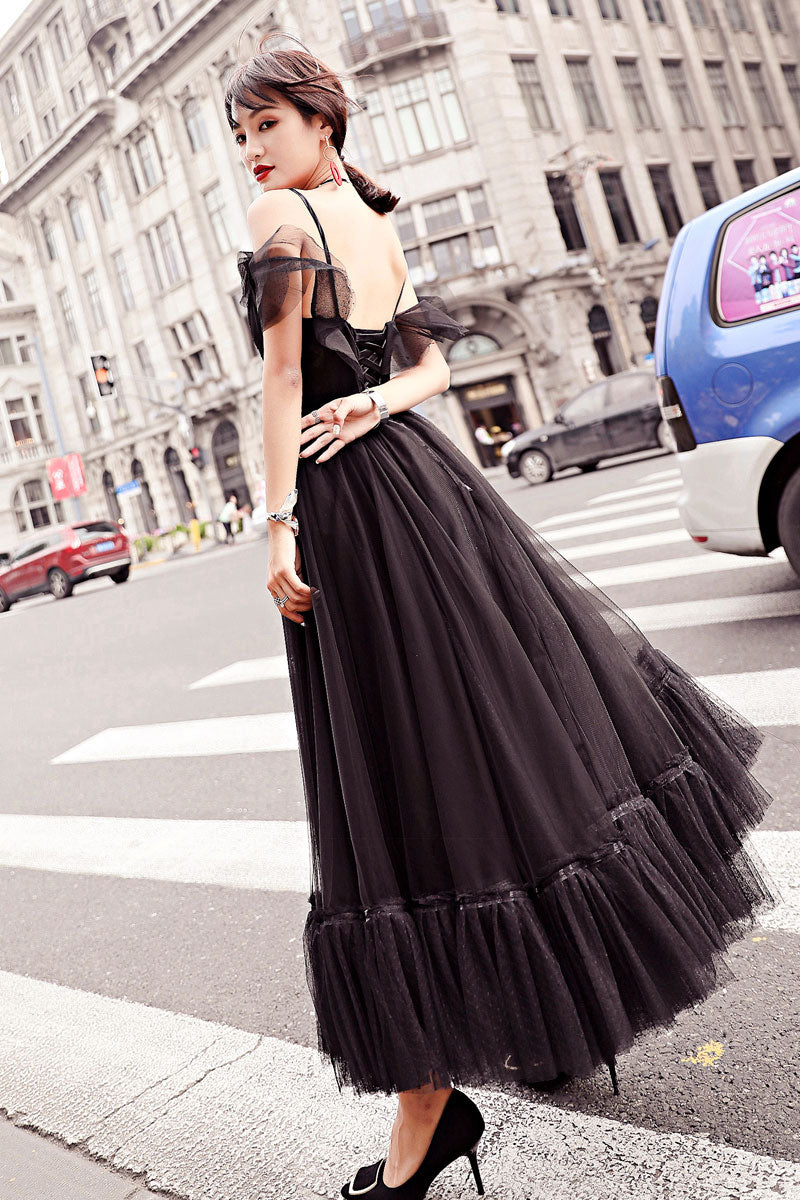 black tea length prom dresses 2022 Elegant Black Satin A-Line Black corset dress formal with V-neck and Off-Shoulder for Women's Special Occasions
