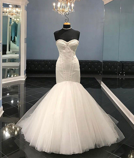 White tulle sweetheart long wedding dress, bridal dress - shdress