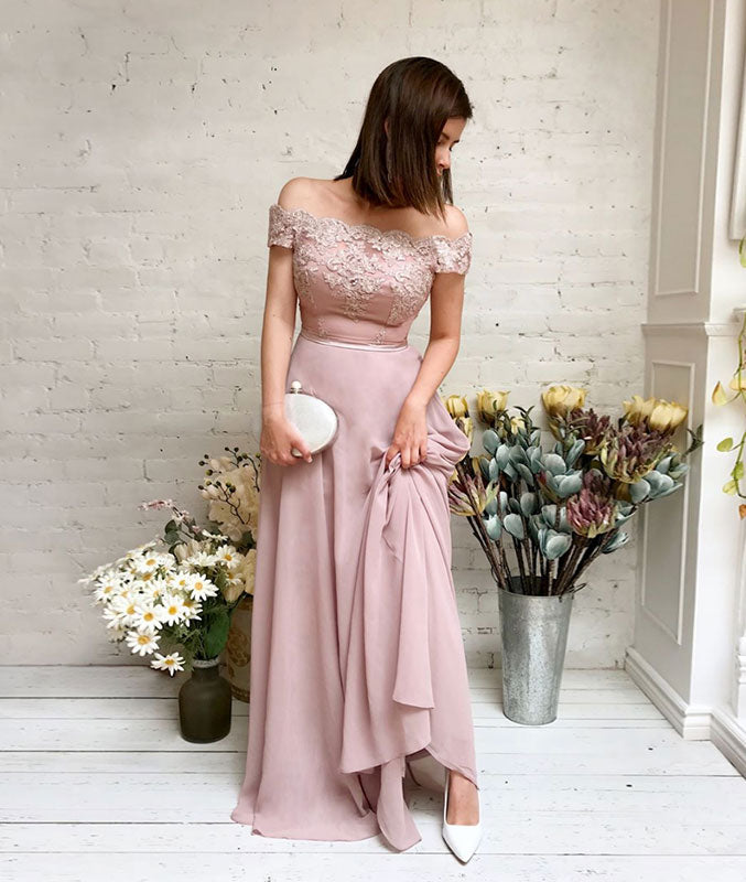 
                  
                    Pink chiffon lace off shoulder long prom dress, pink bridesmaid dress - shdress
                  
                