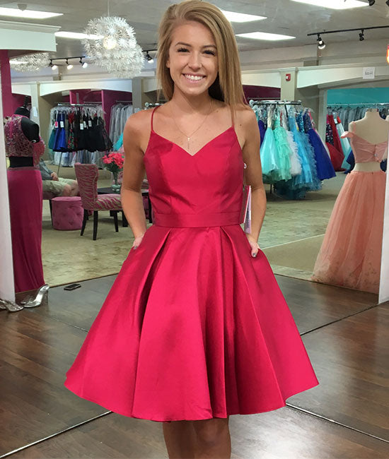 Red v neck short prom dress, simple red homecoming dress - shdress
